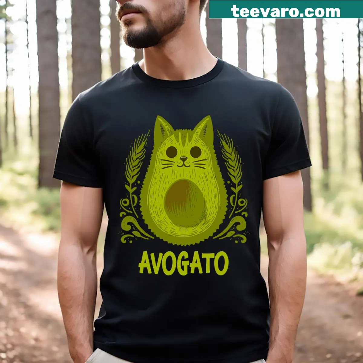 Avogato avocado cat design shirt with humorous text for cat lovers — on a men's t-shirt