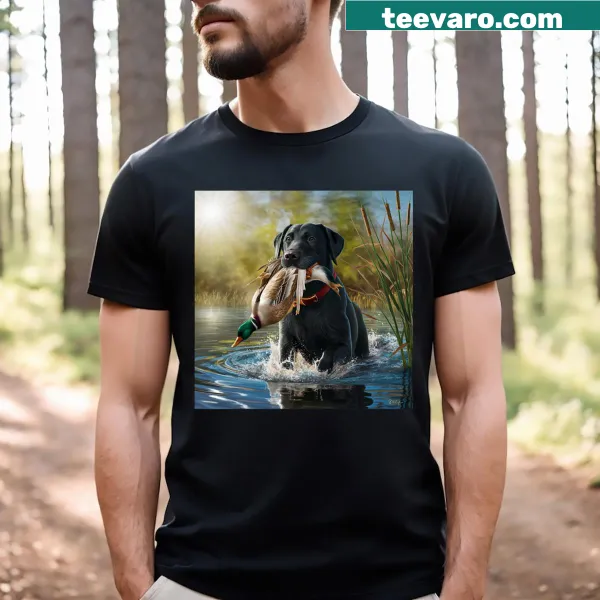 Illustration of a Black Labrador Retriever hunting ducks in a pond