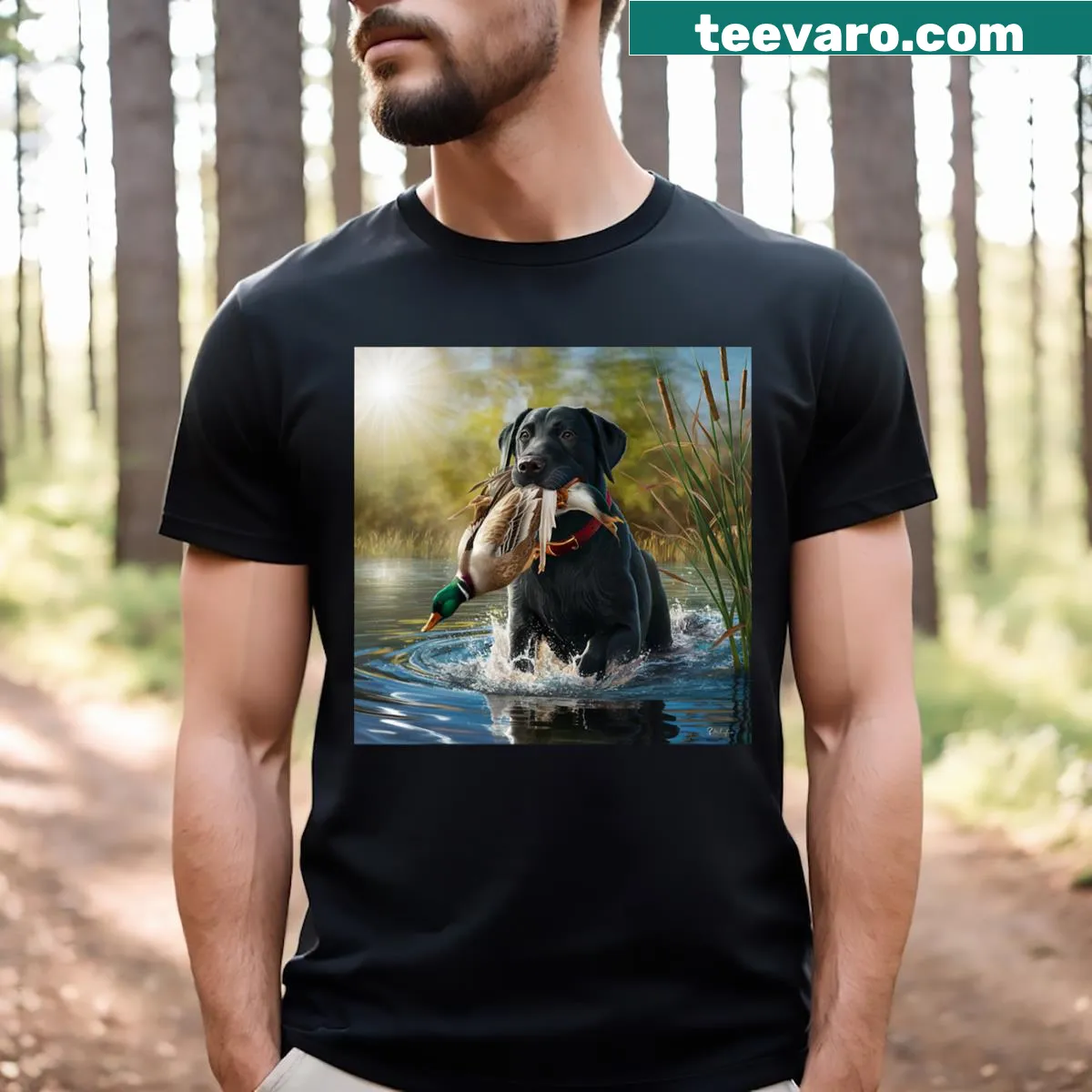 Illustration of a Black Labrador Retriever hunting ducks in a pond — on a men's t-shirt
