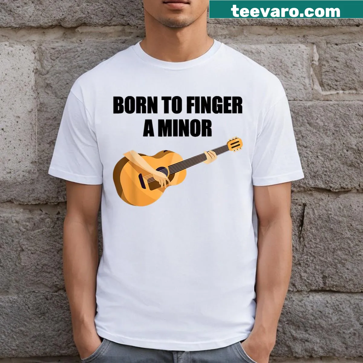 Guitar-themed T-shirt with 'Born To Finger A Minor' text. — on a men's t-shirt