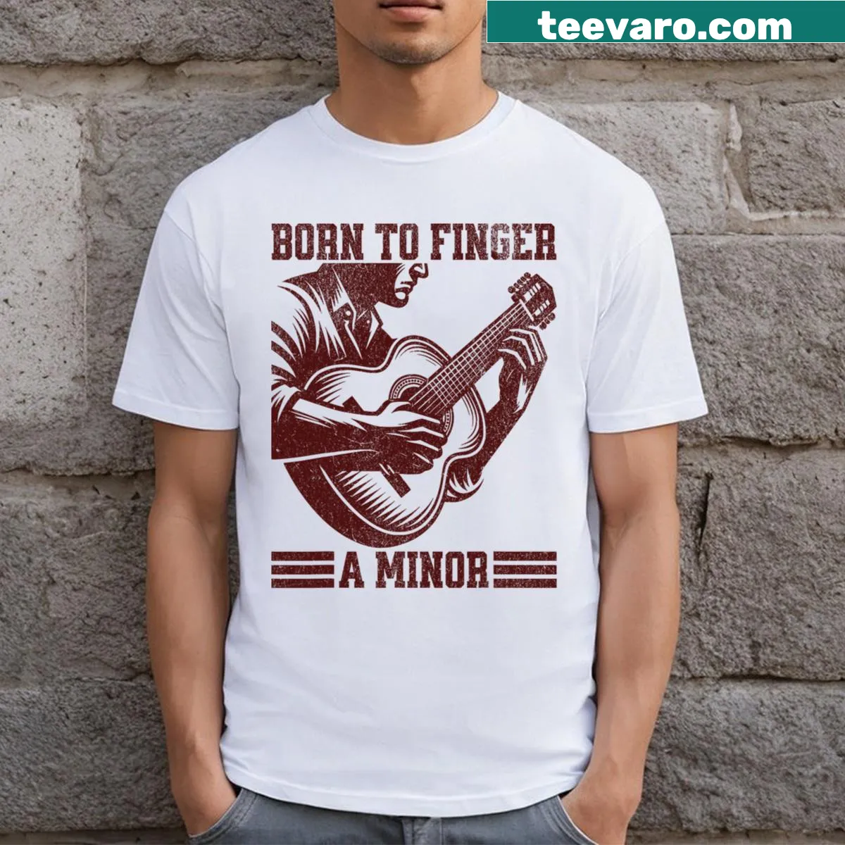 Edgy retro T-shirt for music lovers featuring 'Born To Finger A Minor'. — on a men's t-shirt