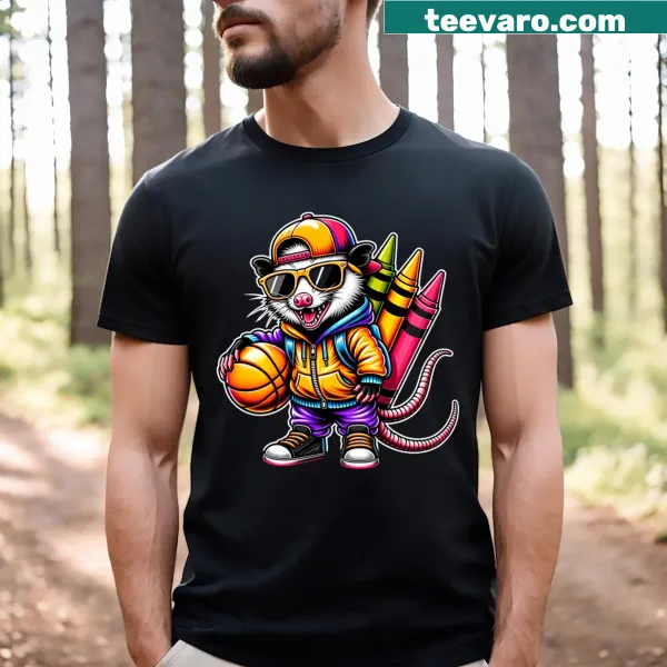 Cartoon opossum basketball design on a teacher t-shirt