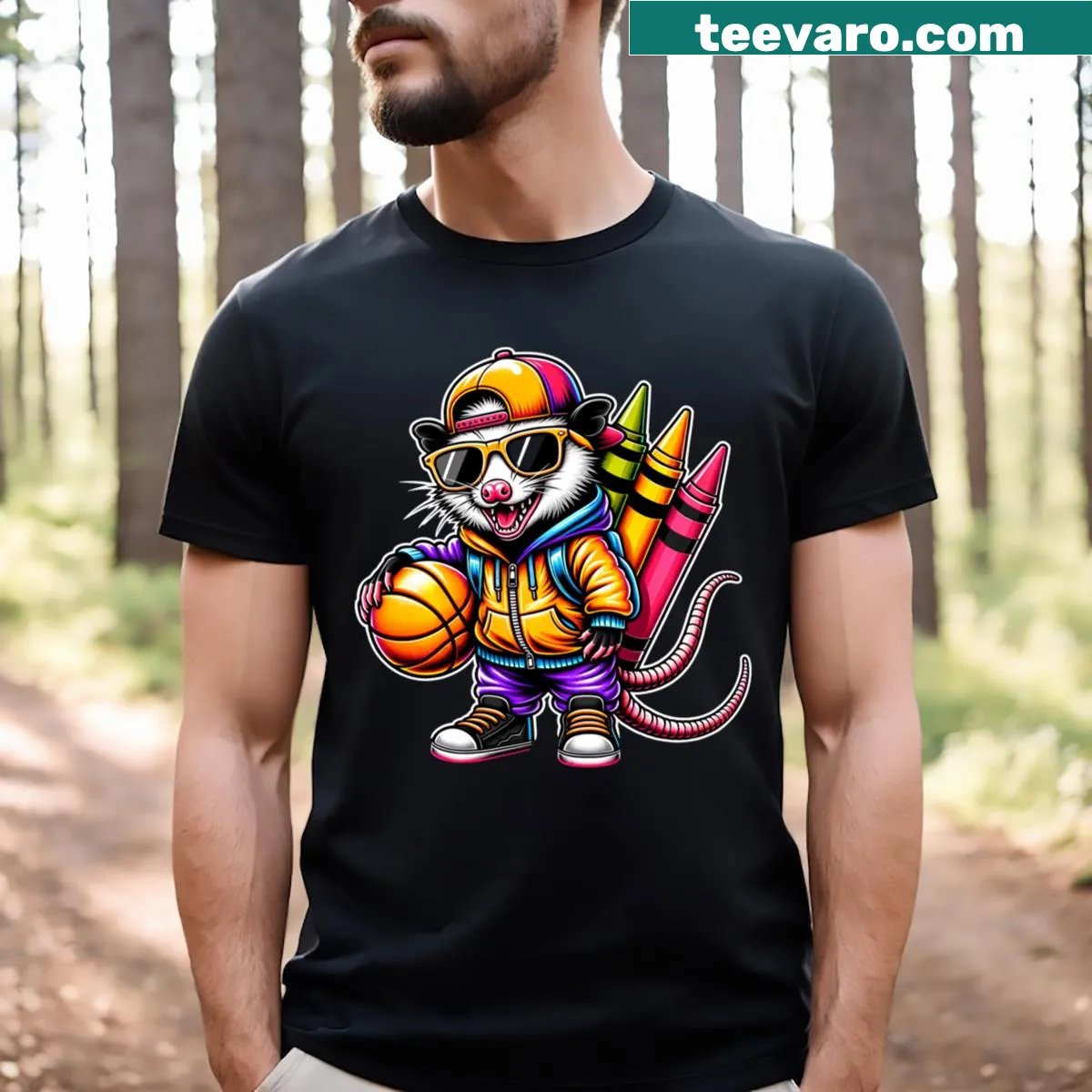 Cartoon opossum basketball design on a teacher t-shirt — on a men's t-shirt
