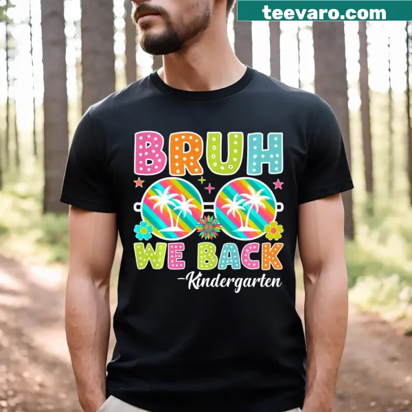 Dalmatian dotted t-shirt with the phrase 'Bruh, we back!' for kindergarteners