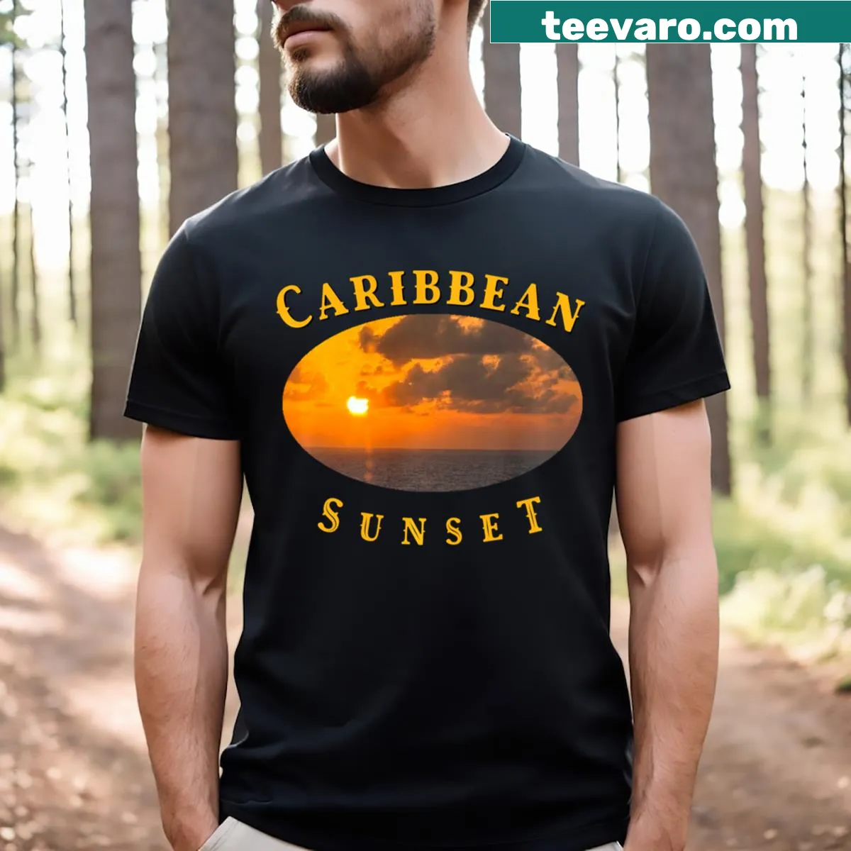 T-shirt featuring a serene Caribbean sunset illustration — on a men's t-shirt