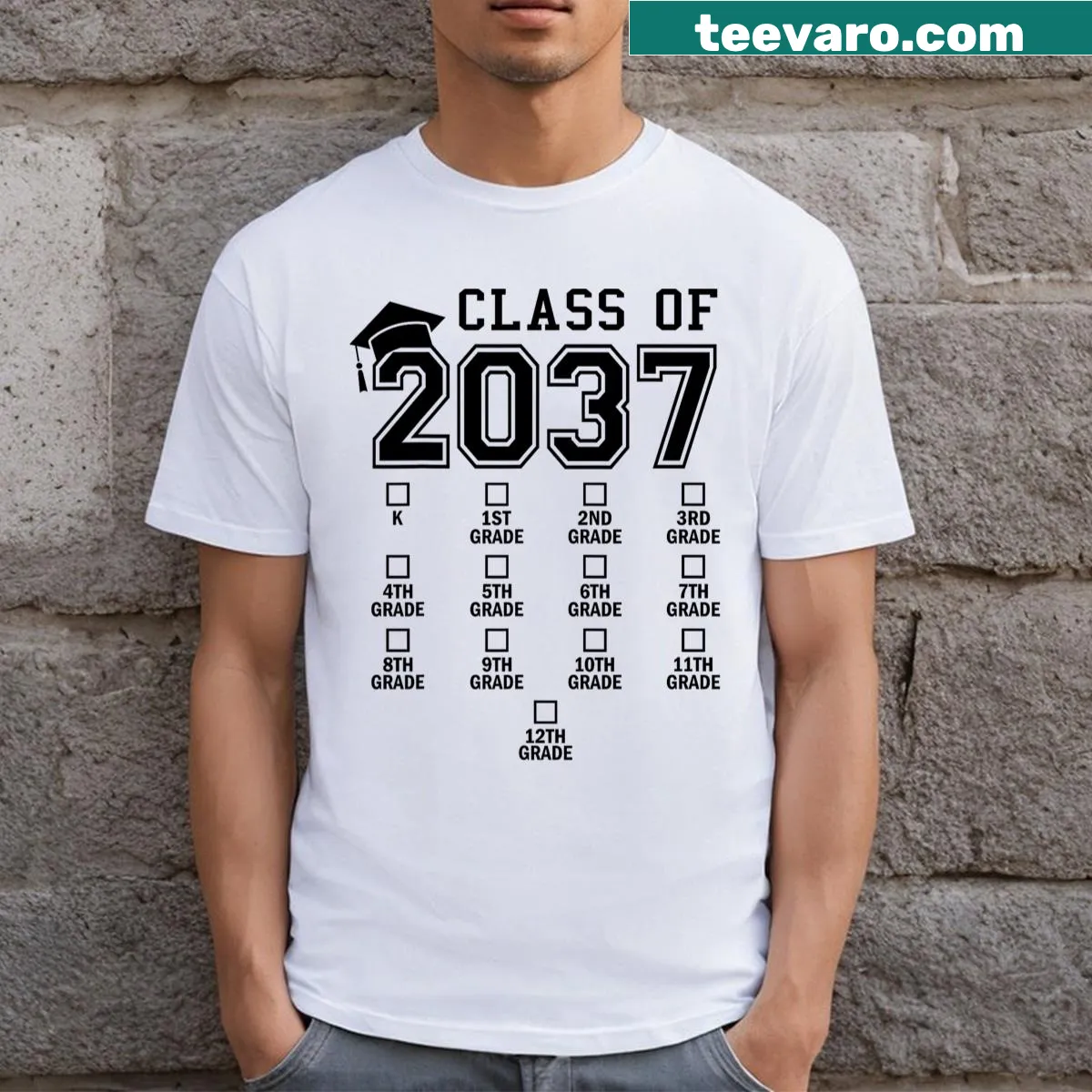 Illustrative Class of 2037 T-shirt with a growing tree graphic — on a men's t-shirt