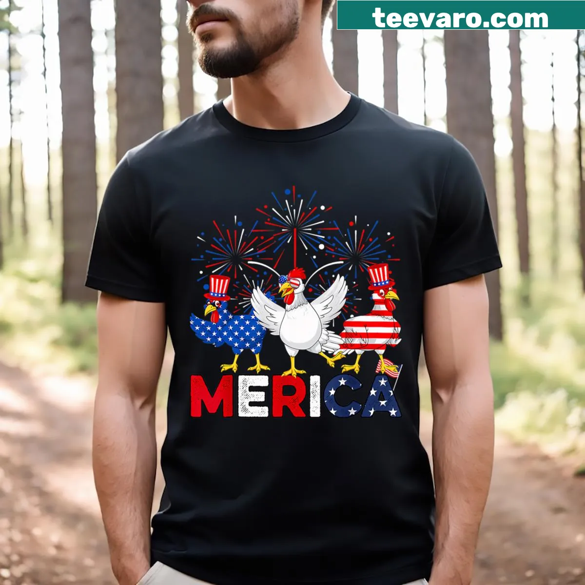 Cartoon chicken American flag T-shirt for farmers on the Fourth of July — on a men's t-shirt