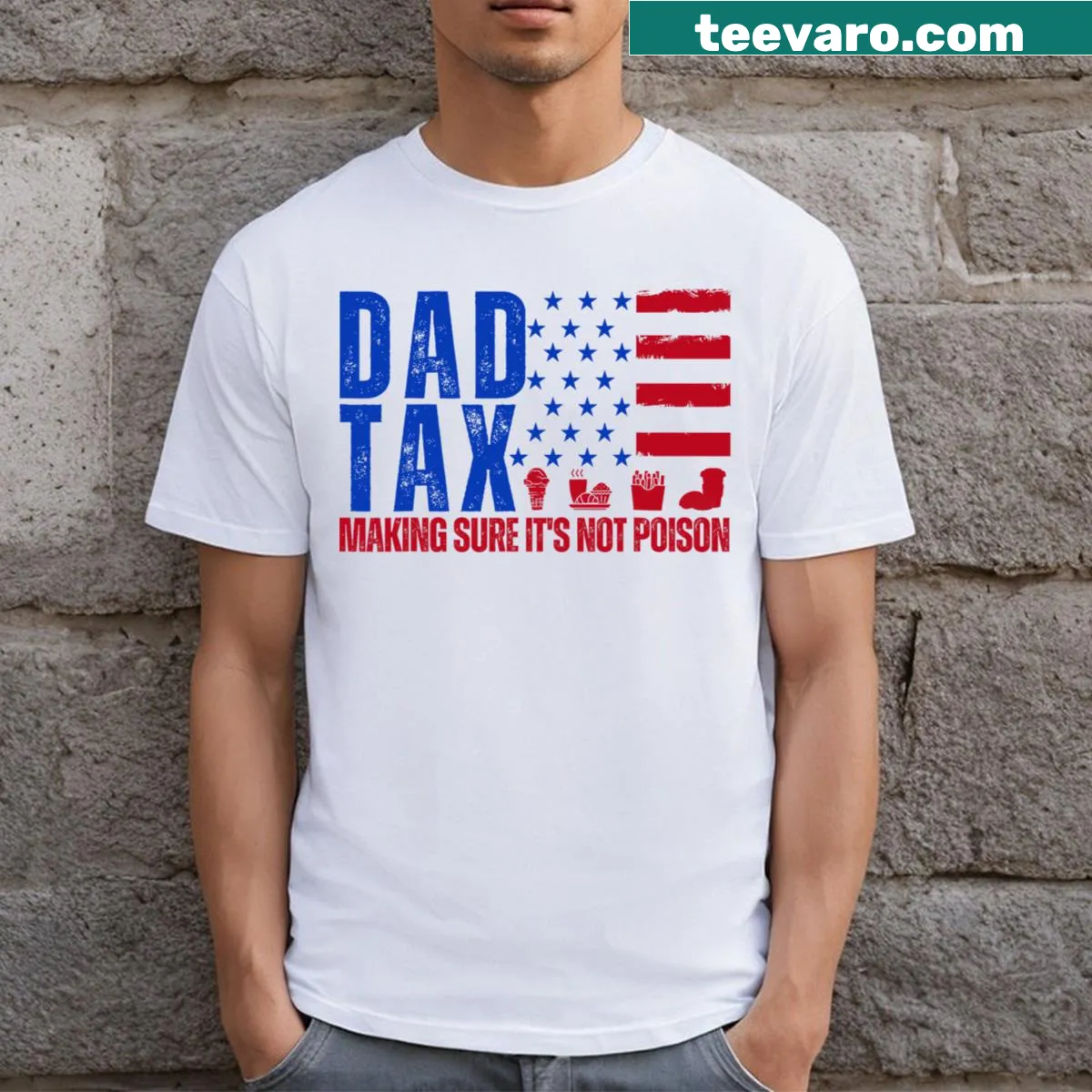 Humorous 'Dad Tax' t-shirt with USA flag design and playful text — on a men's t-shirt