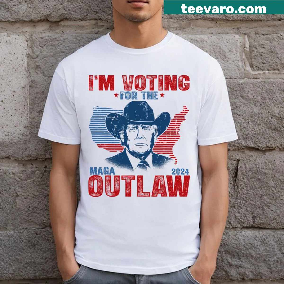 Political t-shirt stating 'I'm Voting For The Outlaw' with Trump theme — on a men's t-shirt