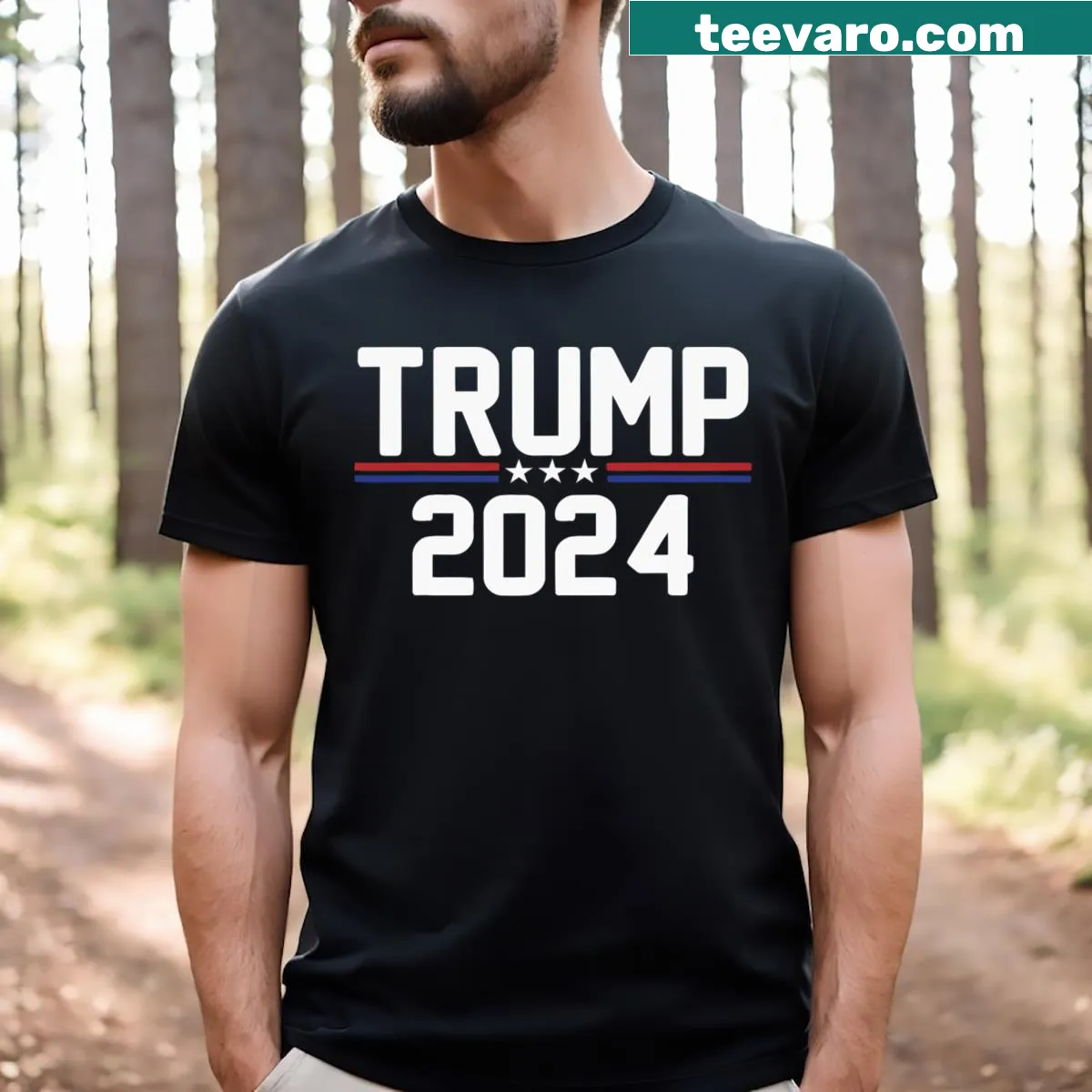 Patriotic Trump 2024 t-shirt with bold text design — on a men's t-shirt