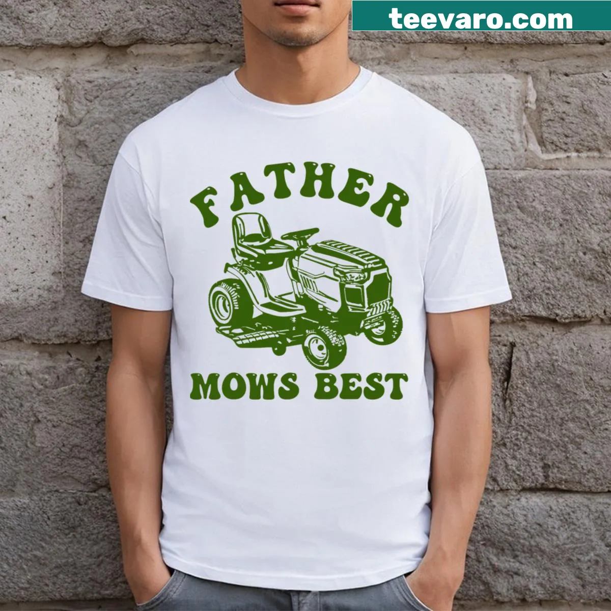 Father Mows Best t-shirt with lawn care theme — on a men's t-shirt