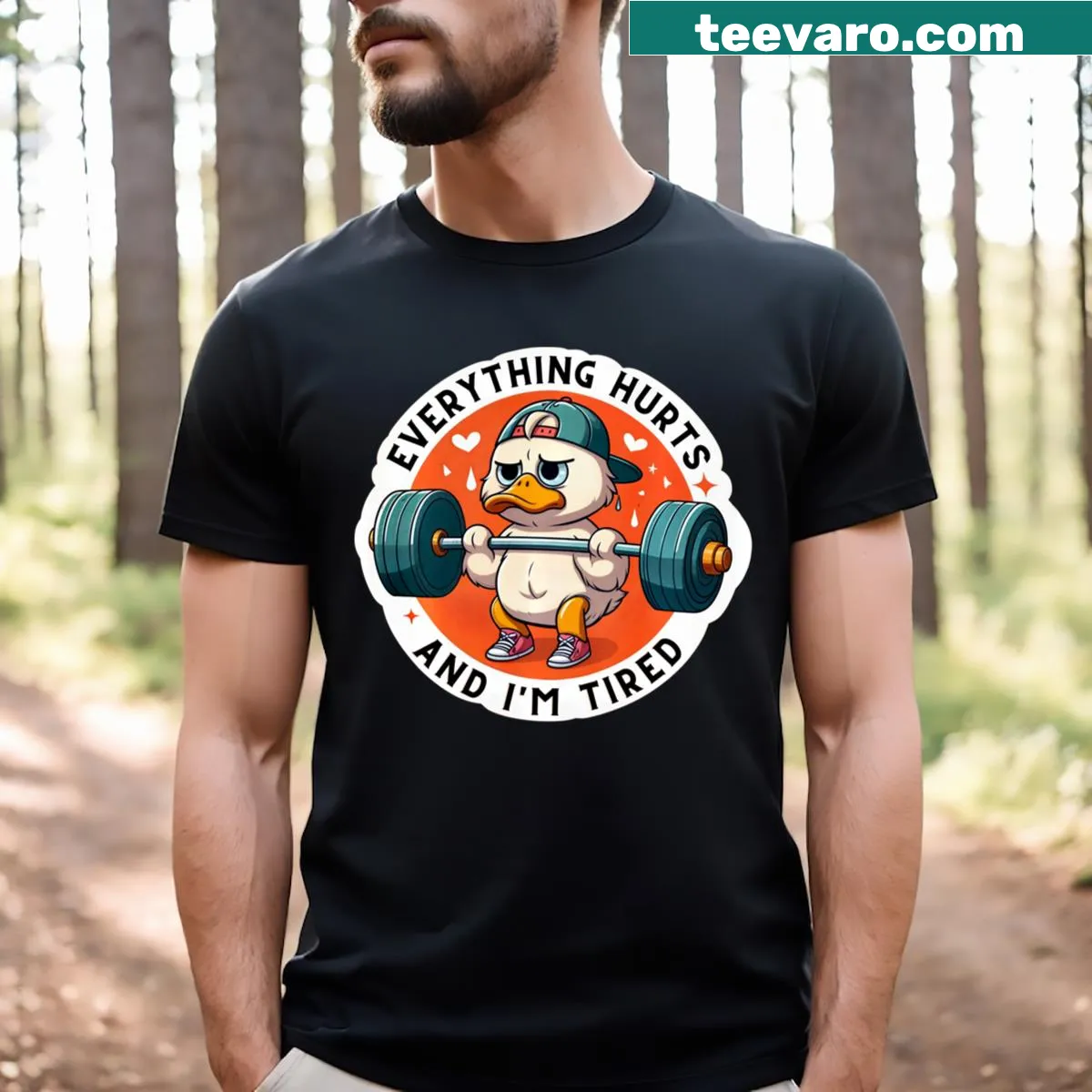 Funny gym t-shirt with duck illustration and humorous text — on a men's t-shirt
