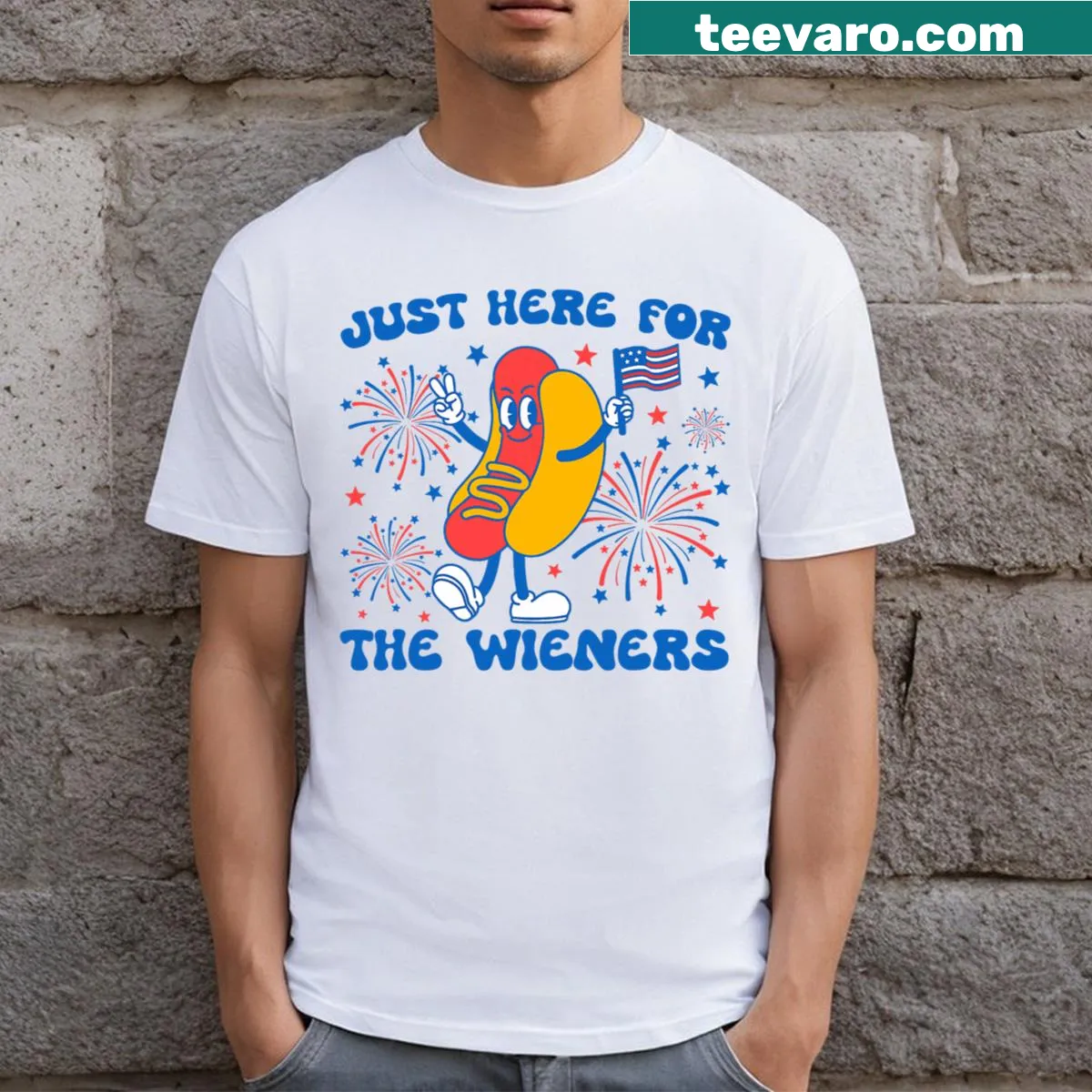 Fourth of July t-shirt with humorous hot dog text — on a men's t-shirt