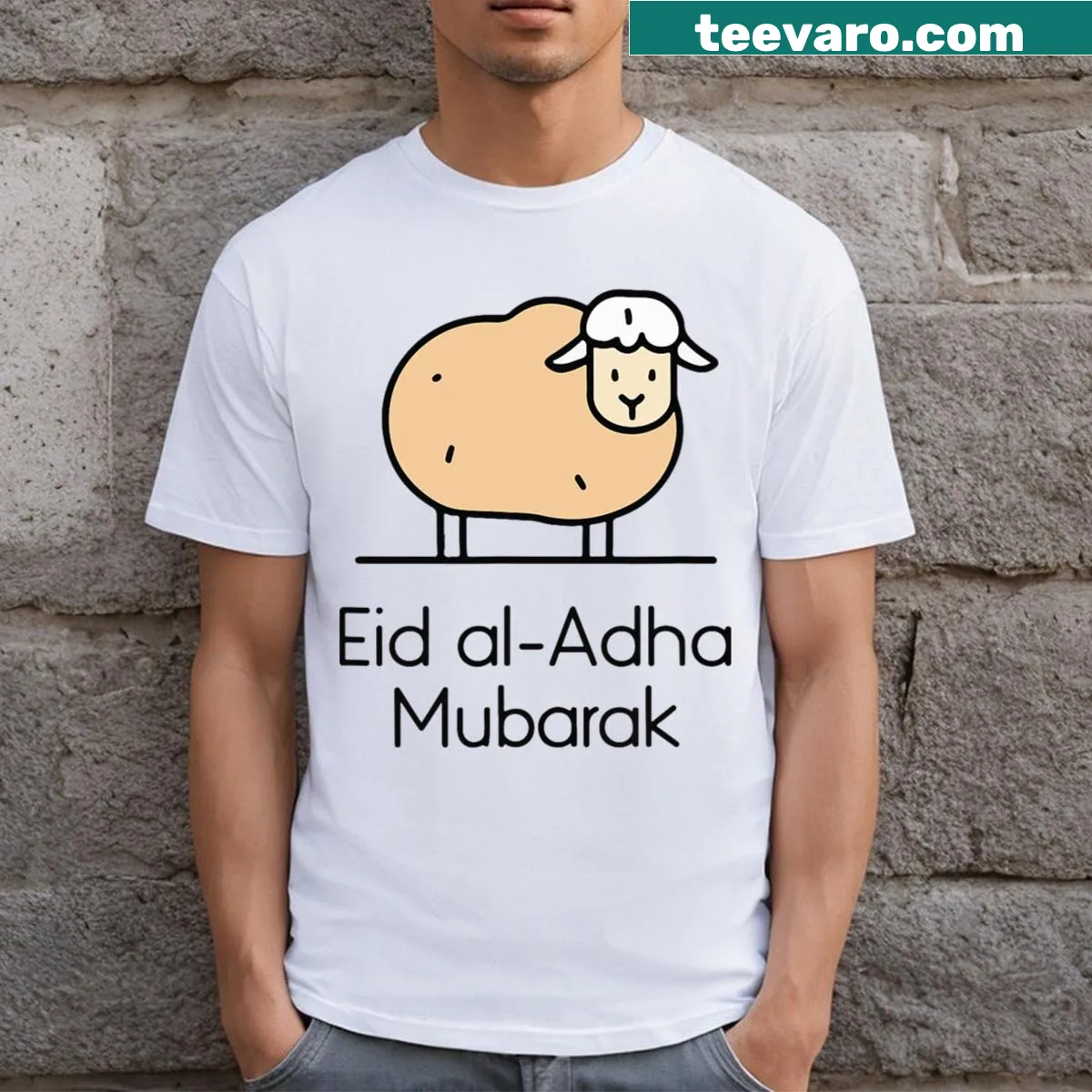 Eid Mubarak t-shirt with playful sheep graphics — on a men's t-shirt