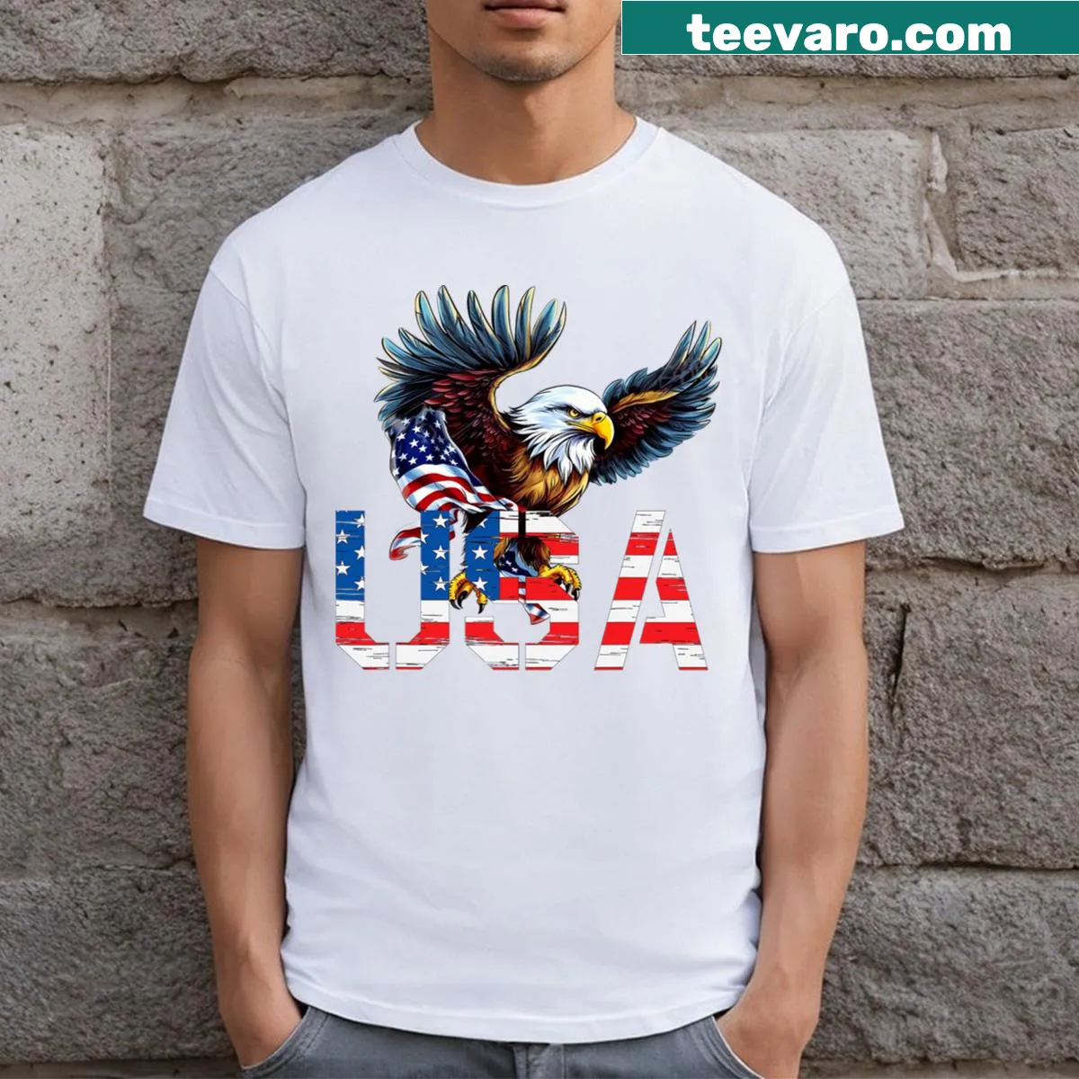 Patriotic t-shirt featuring an eagle and American flag graphic — on a men's t-shirt