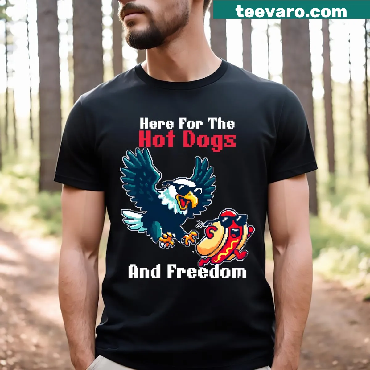 Fourth of July T-shirt with eagle and humorous text — on a men's t-shirt