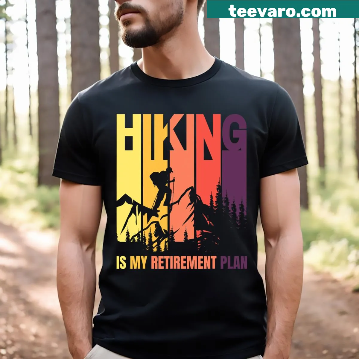 Funny hiking retirement t-shirt with playful text — on a men's t-shirt