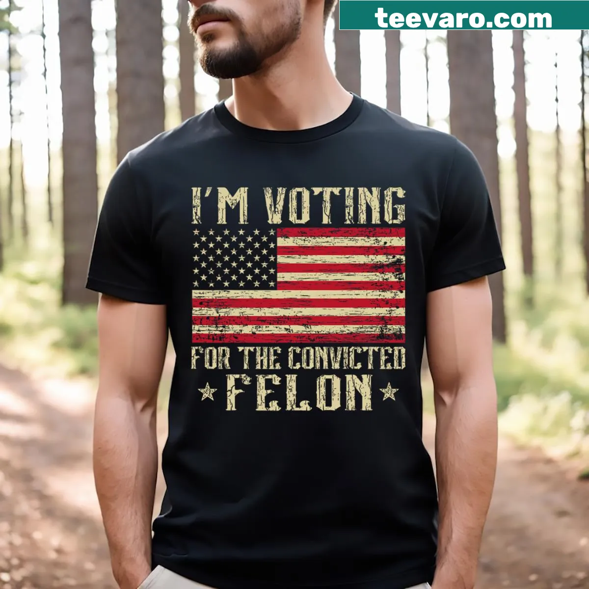 Casual vintage-style shirt with a flag and humorous voting message. — on a men's t-shirt