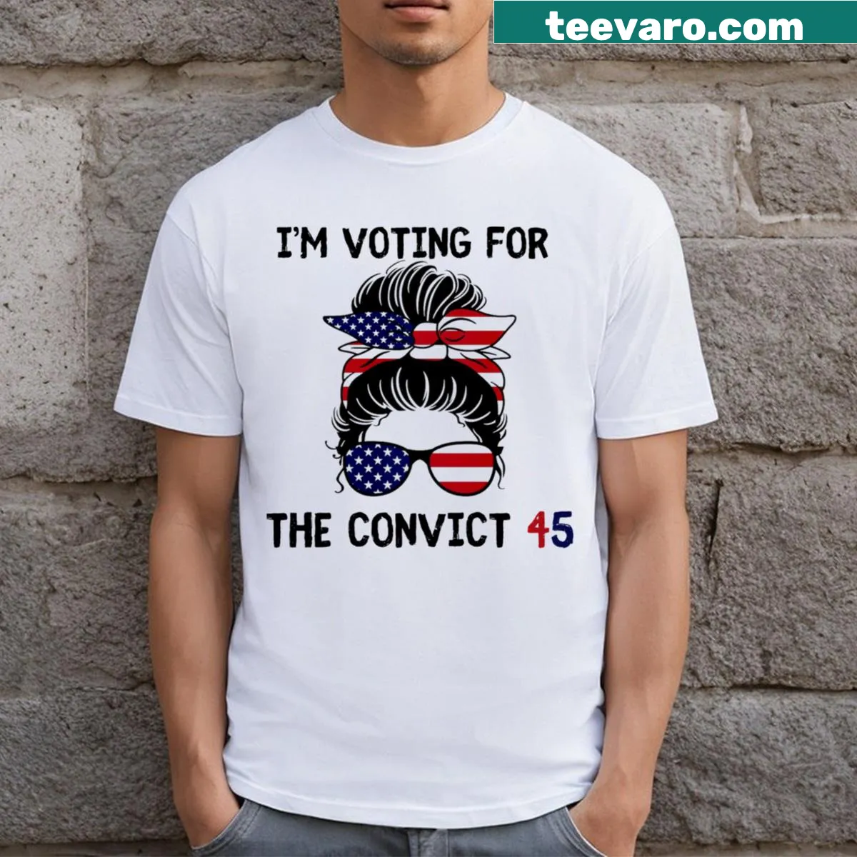 Fun vintage tee with a messy bun graphic and political statement for 2024 elections. — on a men's t-shirt