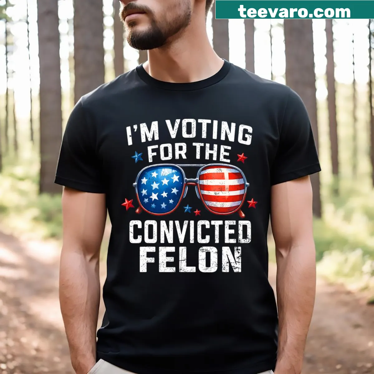 Pro 2024 shirt with American flag and text about voting for a convicted felon — on a men's t-shirt