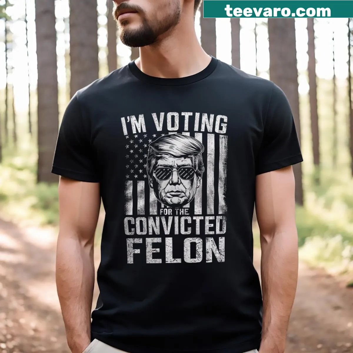 4th of July T-shirt with text about voting for a convicted felon — on a men's t-shirt