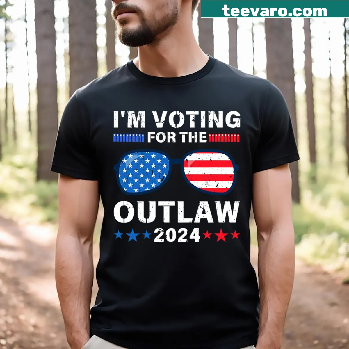 Funny T-shirt for Trump supporters with text about voting for an outlaw — on a men's t-shirt