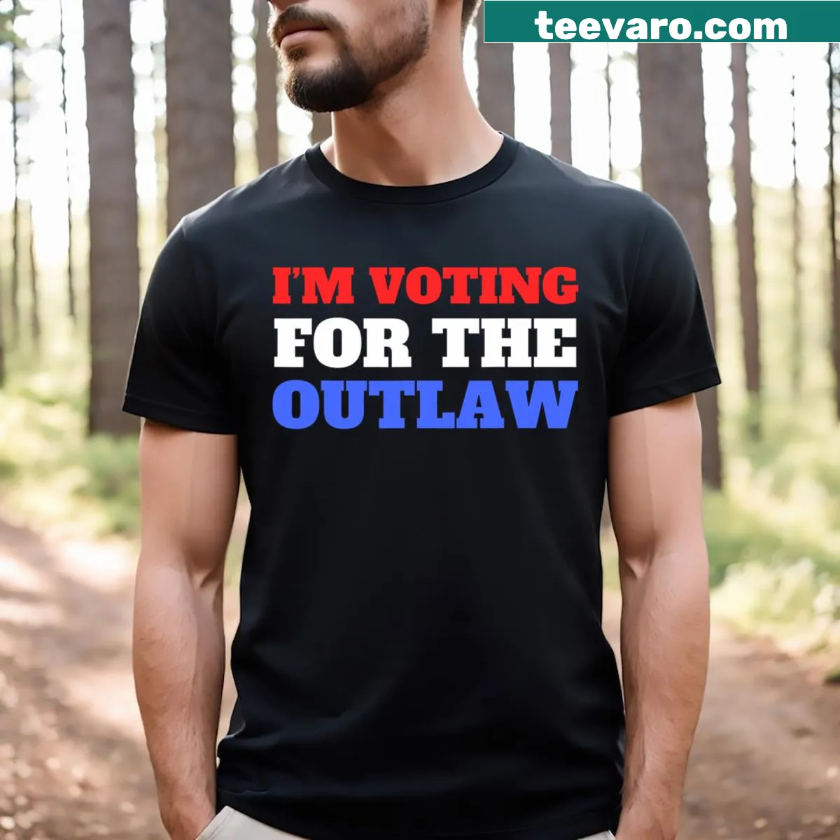 I'm Voting For The Outlaw t-shirt with American flag design — on a men's t-shirt