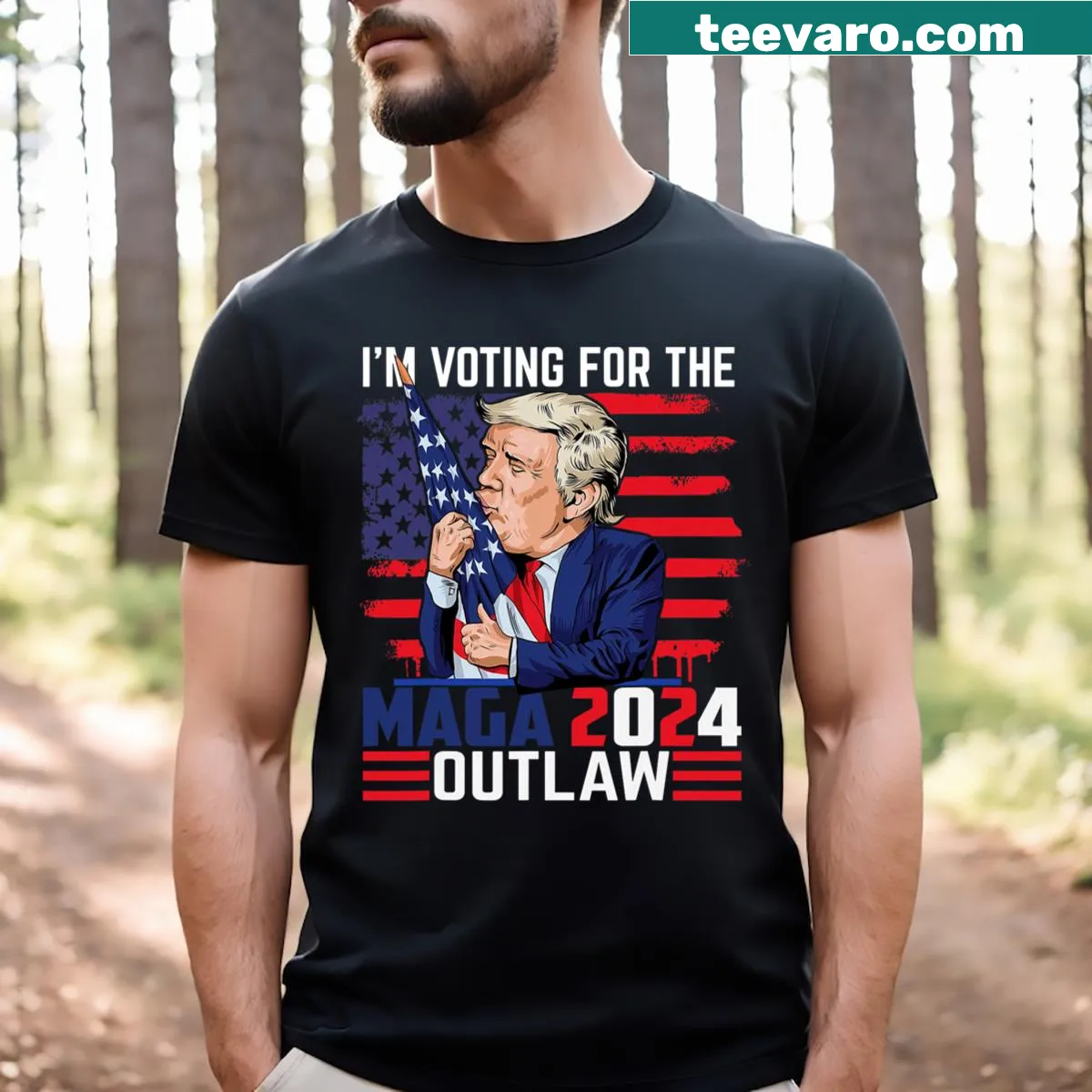 MAGA T-shirt with text about voting for an outlaw convicted felon — on a men's t-shirt