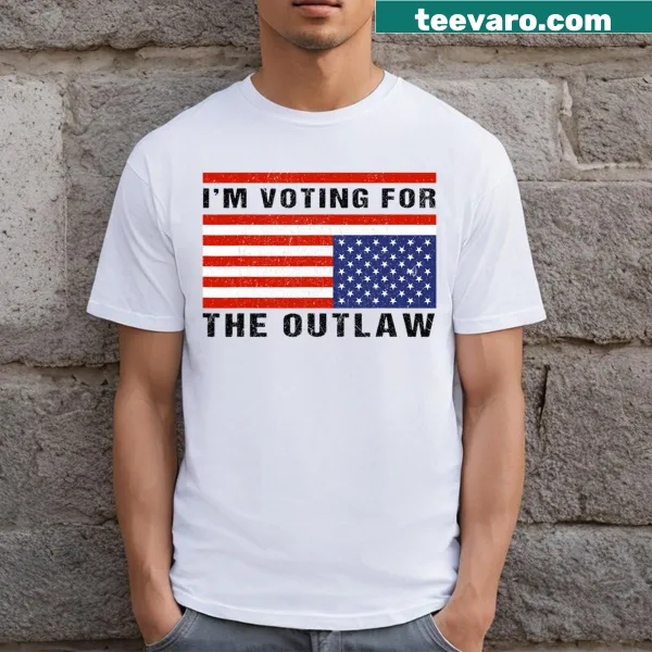 T-shirt featuring 'I'm Voting The Outlaw Donald Trump 2024' with an American flag design
