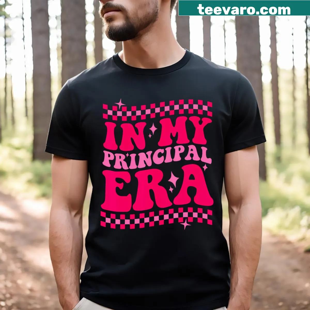 Groovy school principal illustration with fun phrase on T-shirt — on a men's t-shirt