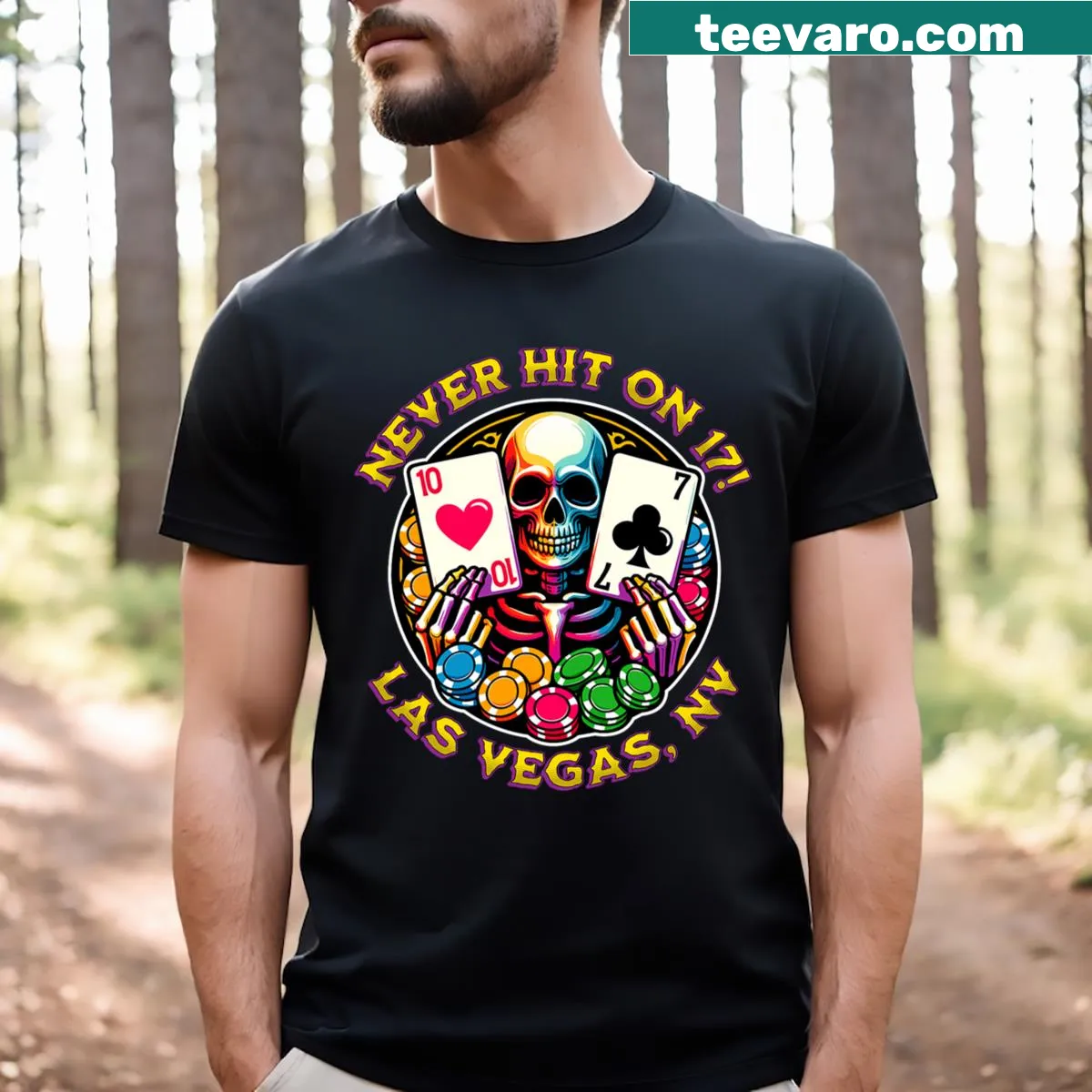 Humorous graphic tee with blackjack strategy text for Las Vegas trips — on a men's t-shirt
