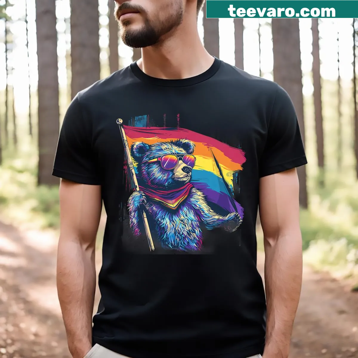 Bear holding a rainbow flag design on an LGBTQ pride t-shirt — on a men's t-shirt