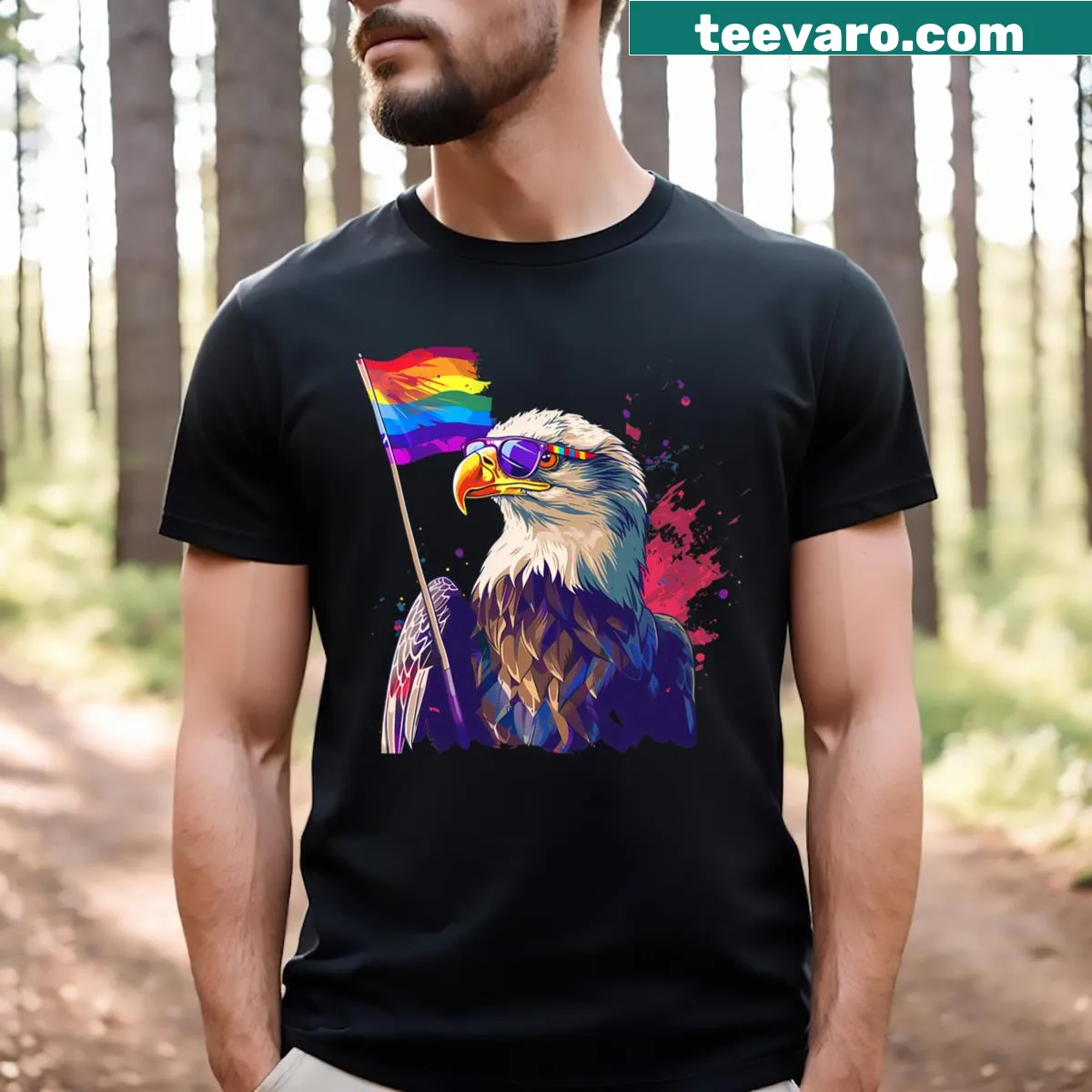 Eagle graphic with rainbow flag celebrating LGBTQ pride — on a men's t-shirt