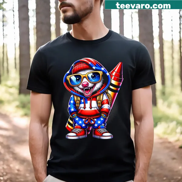 Patriotic opossum design t-shirt for teachers celebrating the Fourth of July.