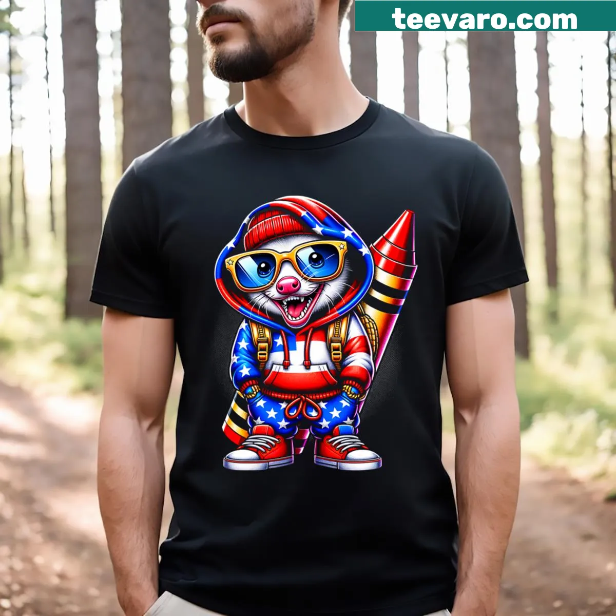 Patriotic opossum design t-shirt for teachers celebrating the Fourth of July. — on a men's t-shirt