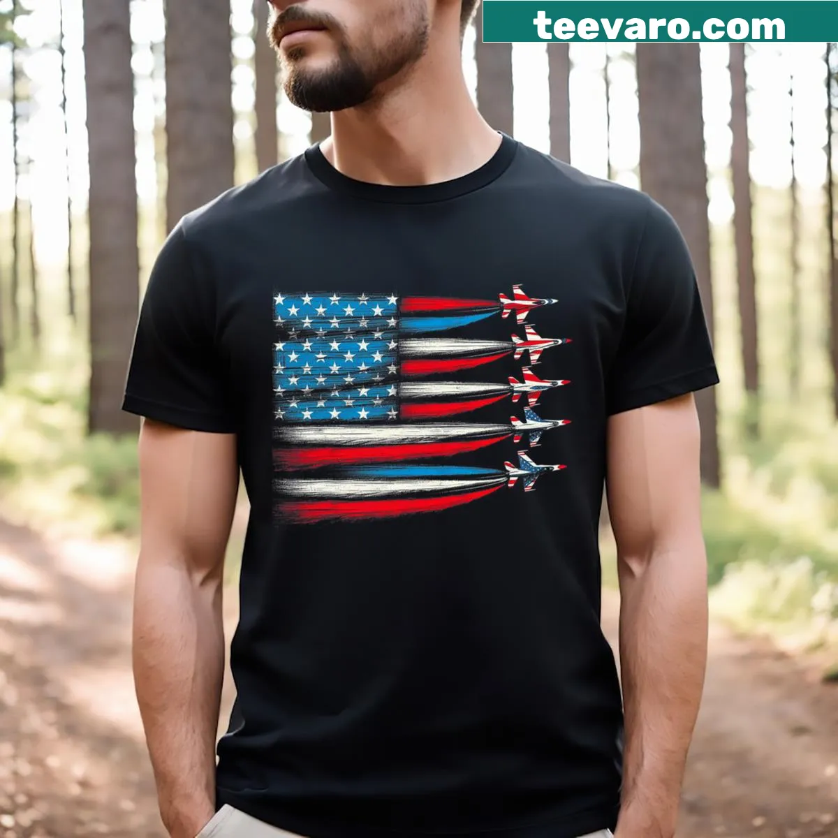 Patriotic T-shirt with fighter jets and USA flag design — on a men's t-shirt