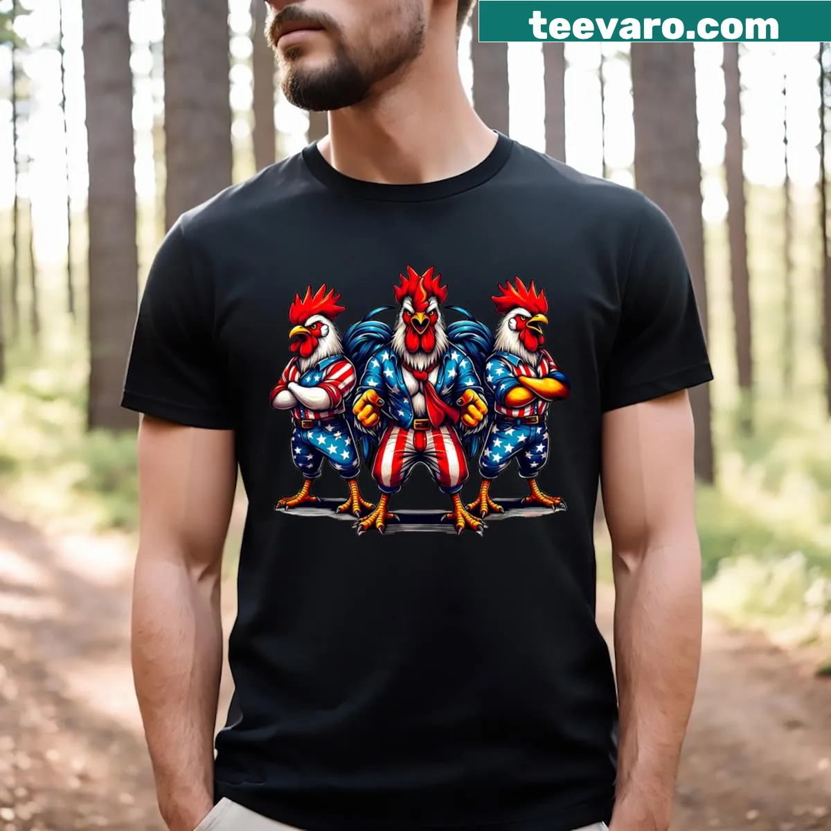 Patriotic chicken hen design for Fourth of July T-shirt — on a men's t-shirt