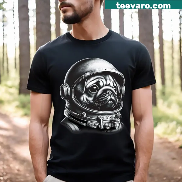 Pug astronaut in space costume floating among stars illustration