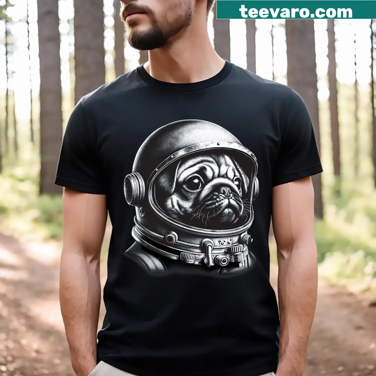 Pug astronaut in space costume floating among stars illustration — on a men's t-shirt