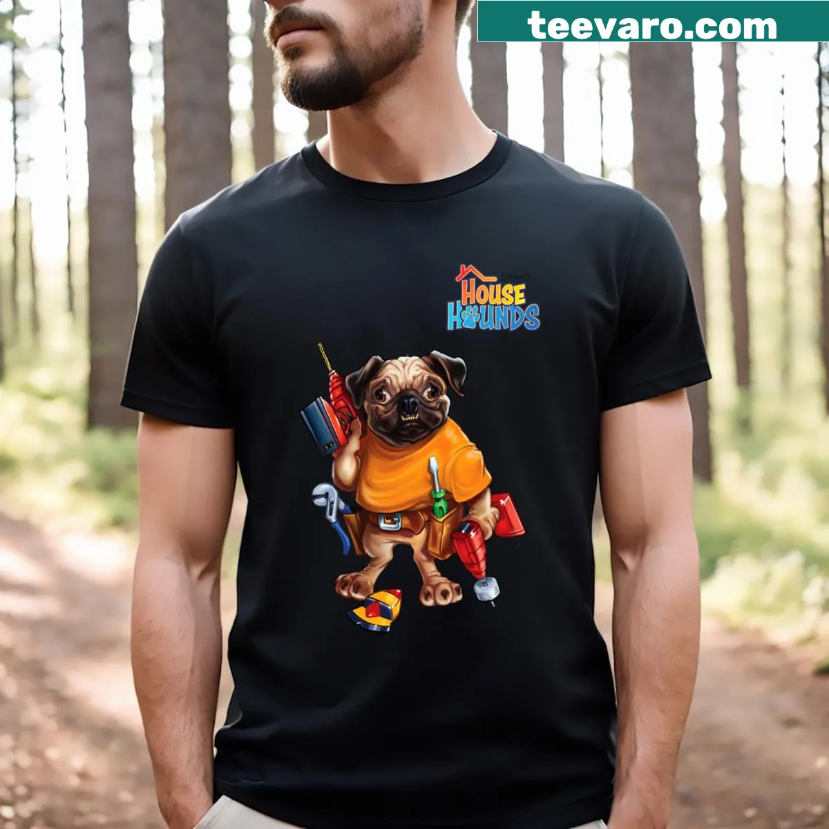 Graphic t-shirt featuring a pug carpenter with tools, humorous design — on a men's t-shirt