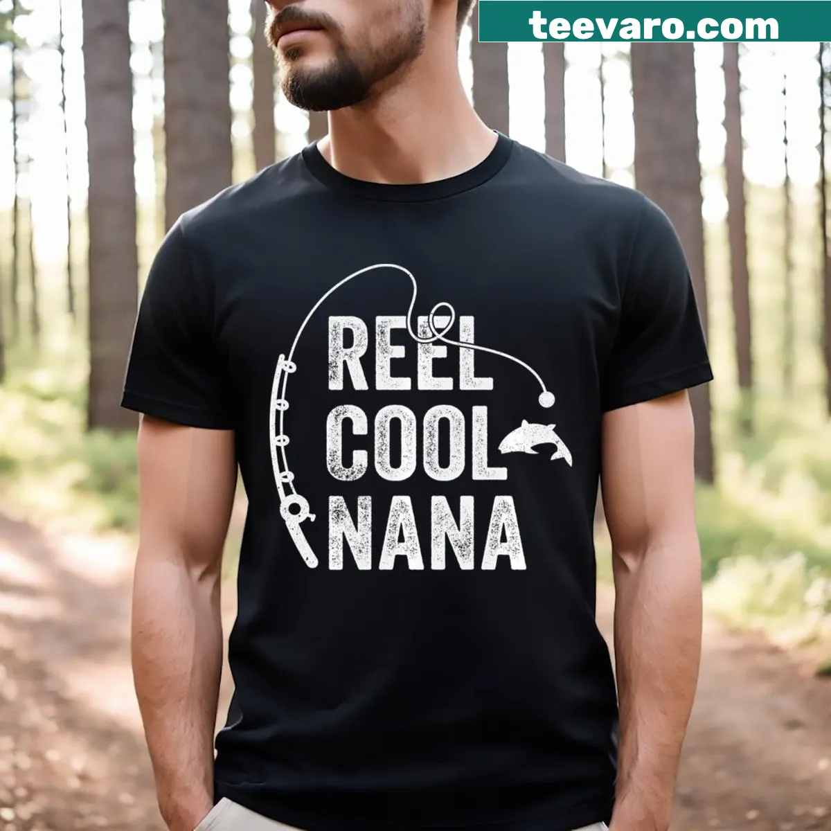 Funny fishing t-shirt for Nana with 'Reel Cool Nana' text — on a men's t-shirt