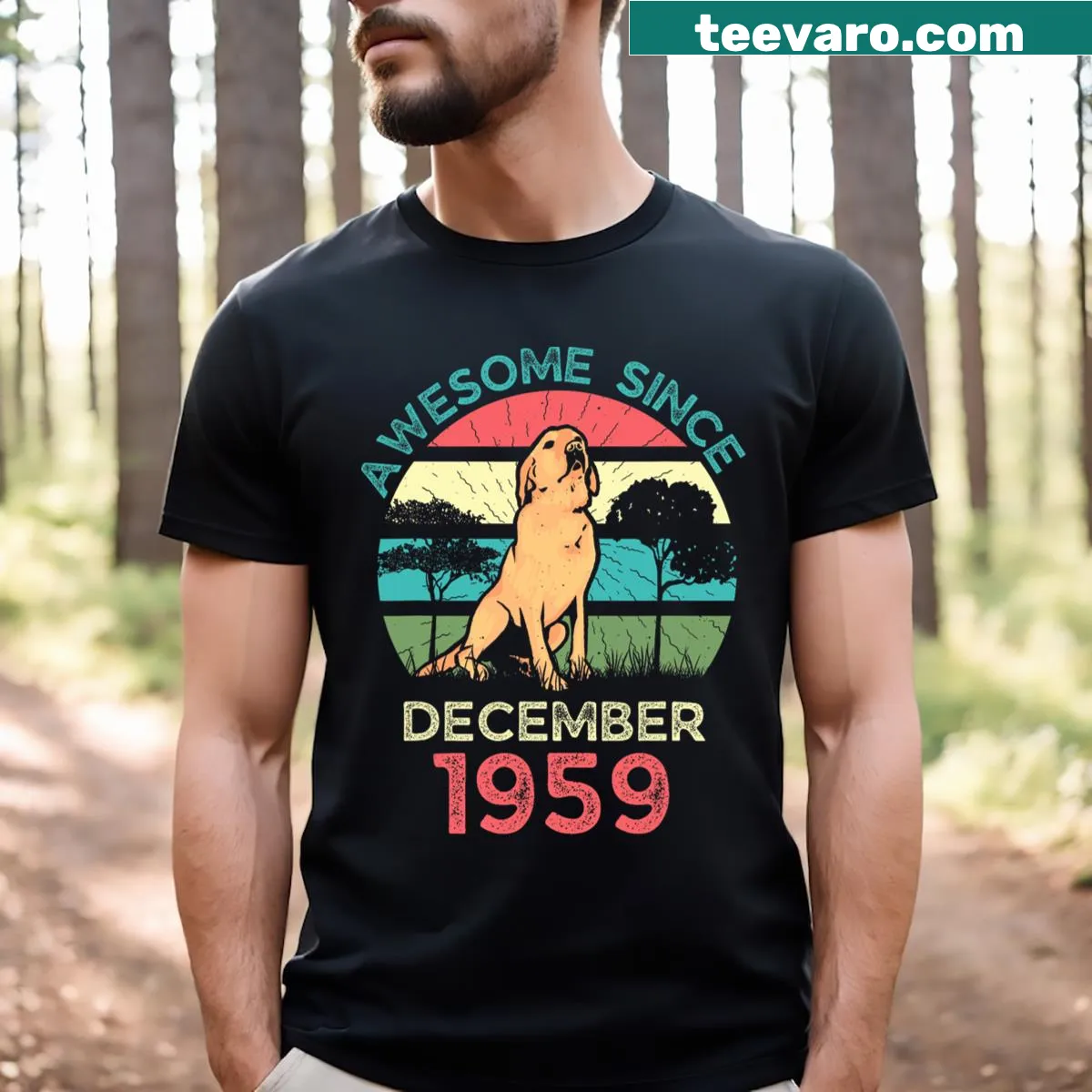 Retro birthday t-shirt for dog lovers with sunset and 'Awesome Since December 1959' text — on a men's t-shirt