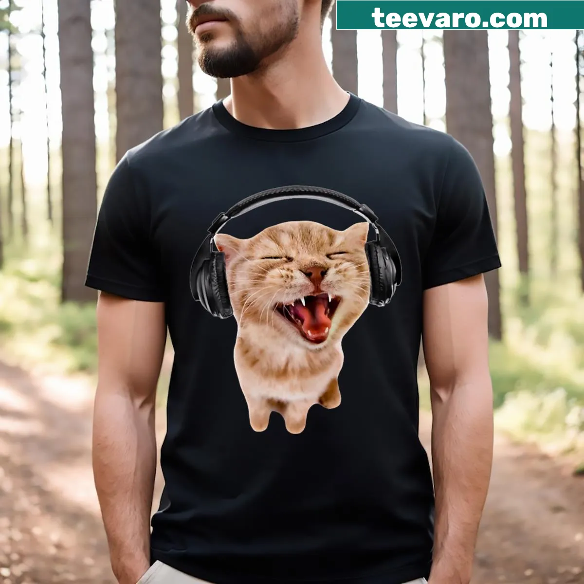 Illustration of a cat with oversized headphones — on a men's t-shirt