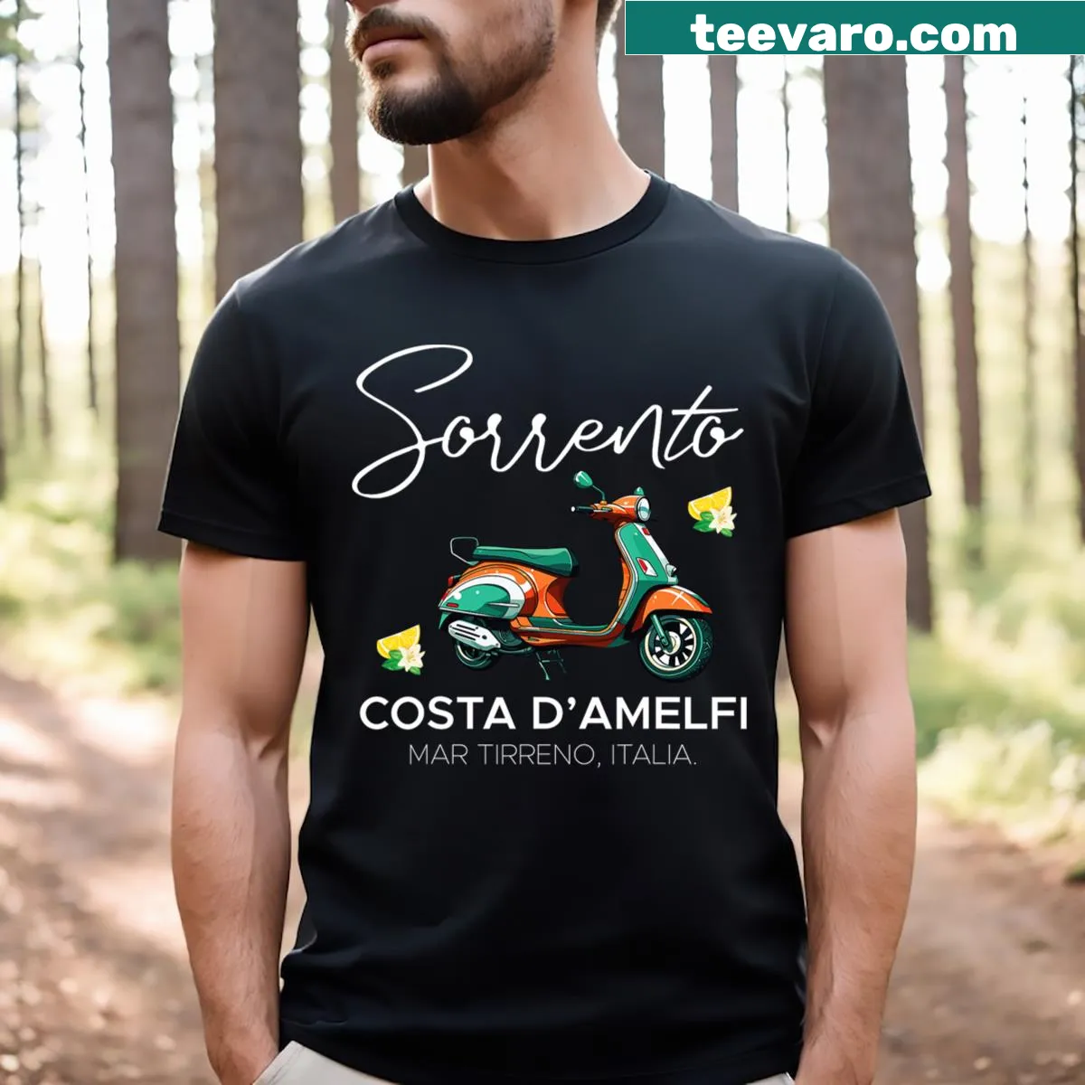 Vintage scooter graphic T-shirt representing Sorrento, Italy — on a men's t-shirt