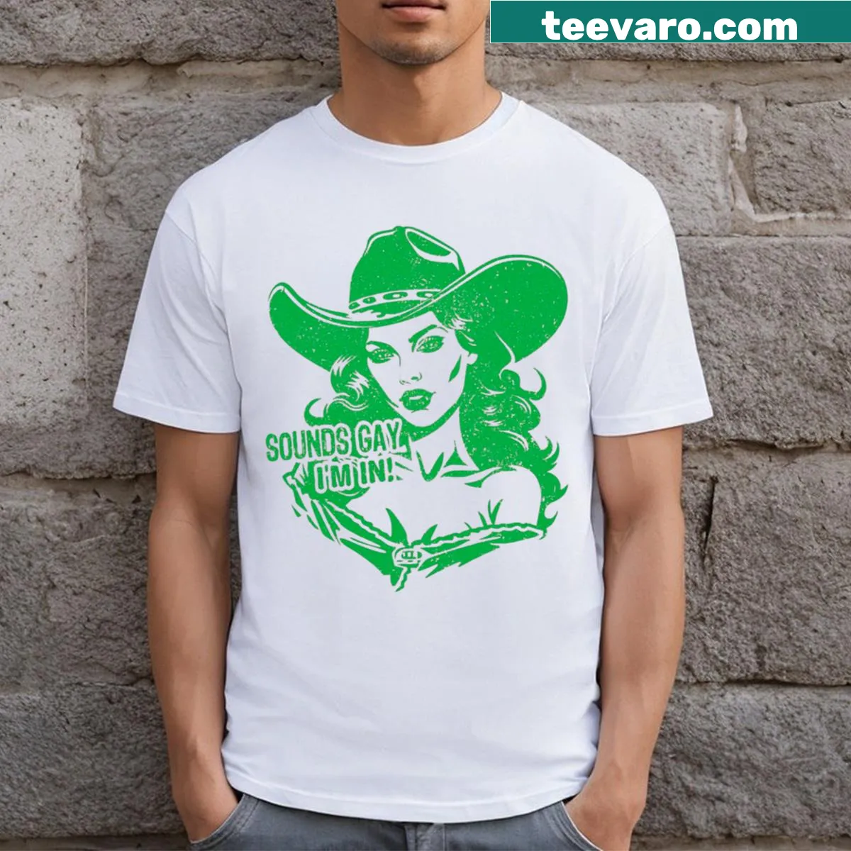 Vintage cowgirl themed T-shirt with humorous slogan — on a men's t-shirt