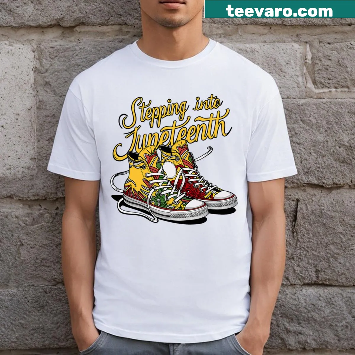 Cartoon T-shirt featuring an Afro woman celebrating Juneteenth — on a men's t-shirt