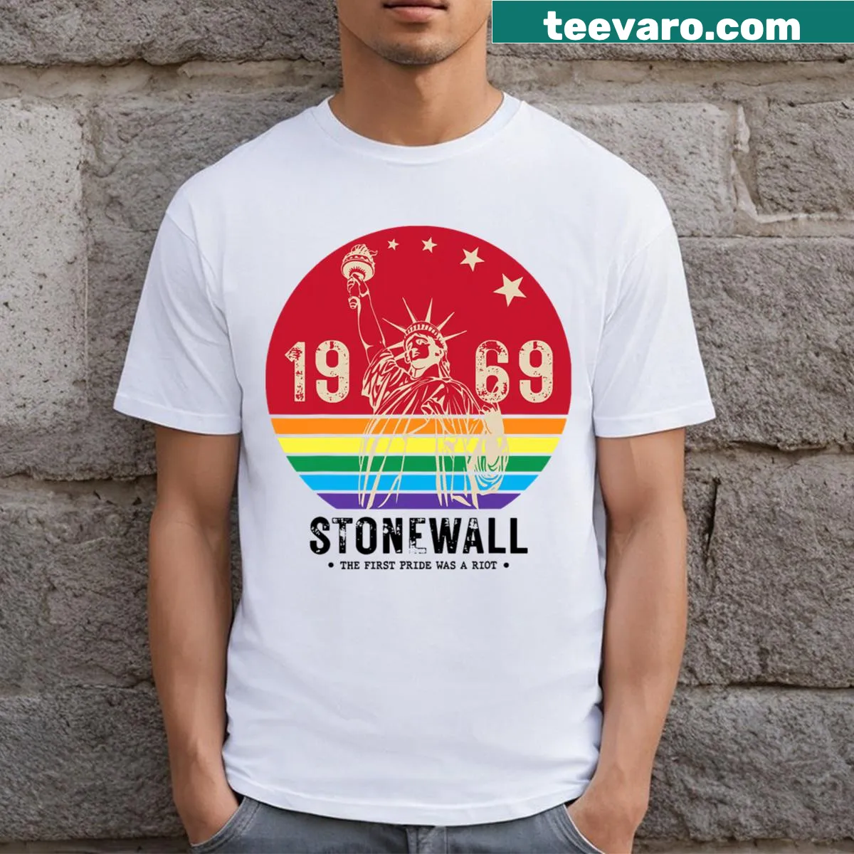 T-shirt commemorating the 1969 Stonewall uprising — on a men's t-shirt