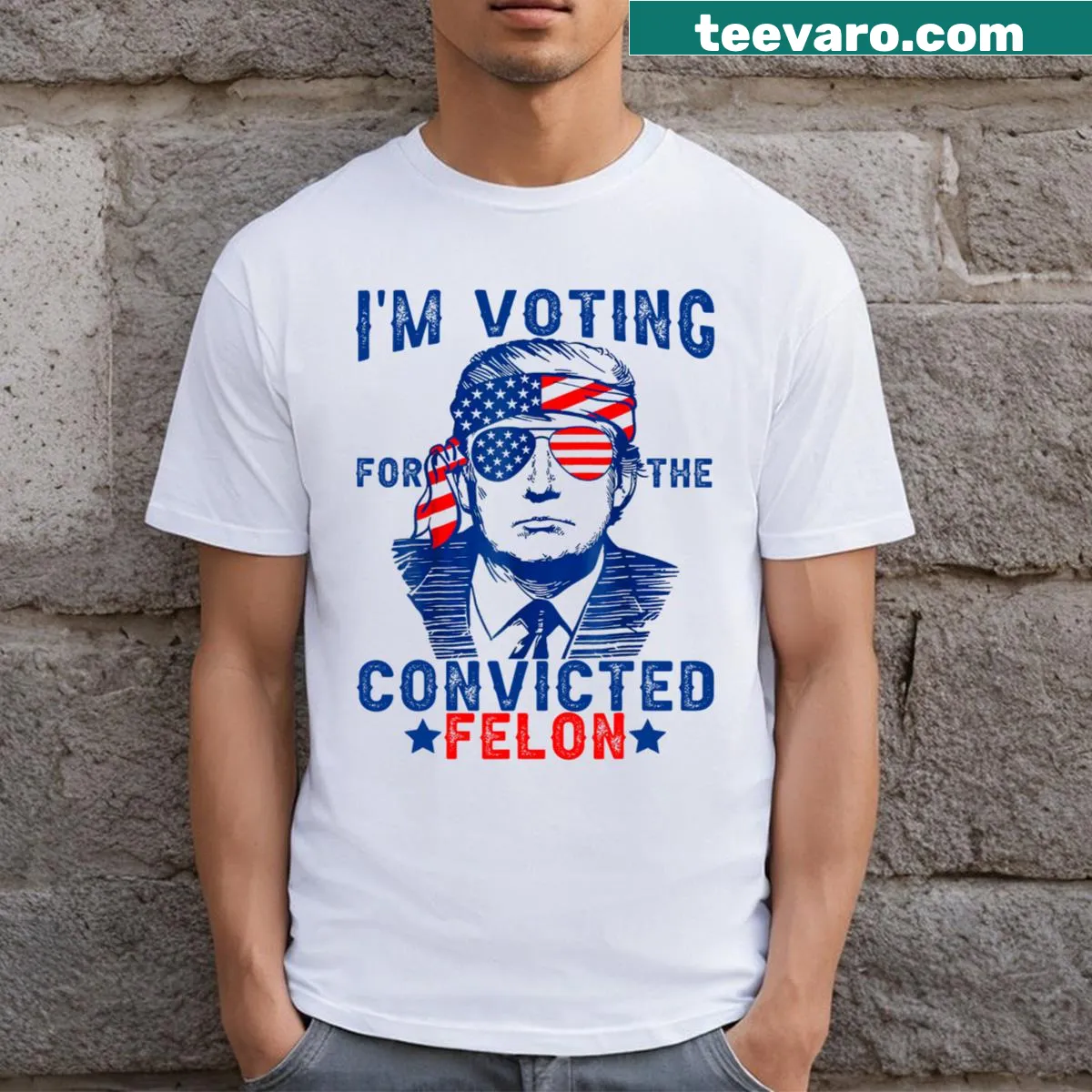 Political t-shirt with 'Convicted Felon' slogan for Trump 2024 — on a men's t-shirt