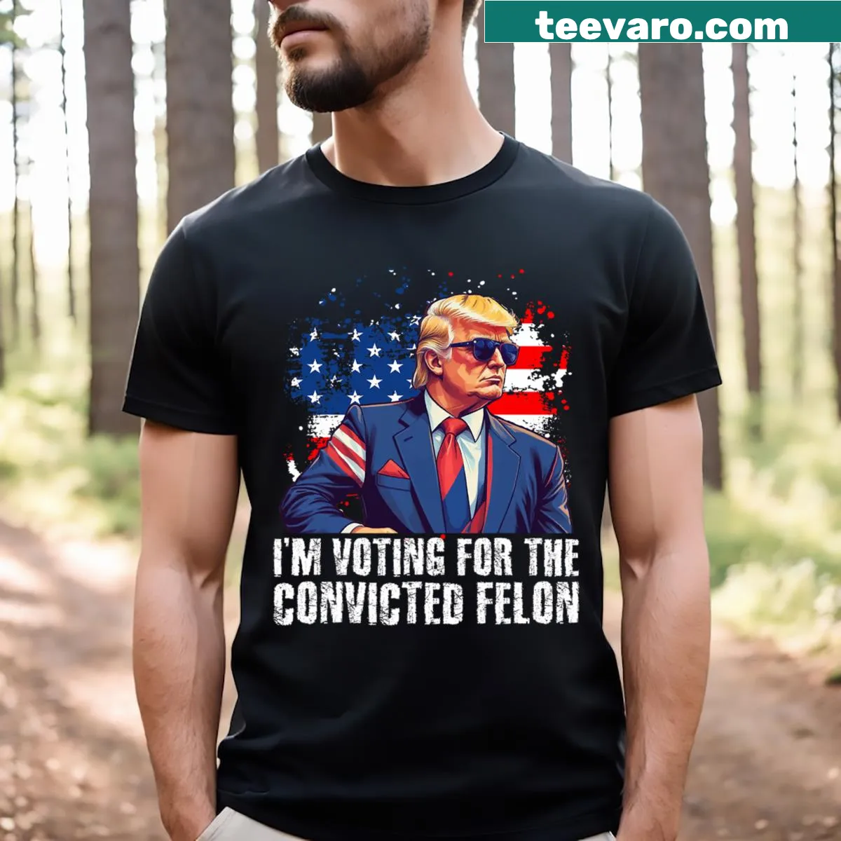 Humorous Trump shirt with sunglasses and U.S. flag design — on a men's t-shirt