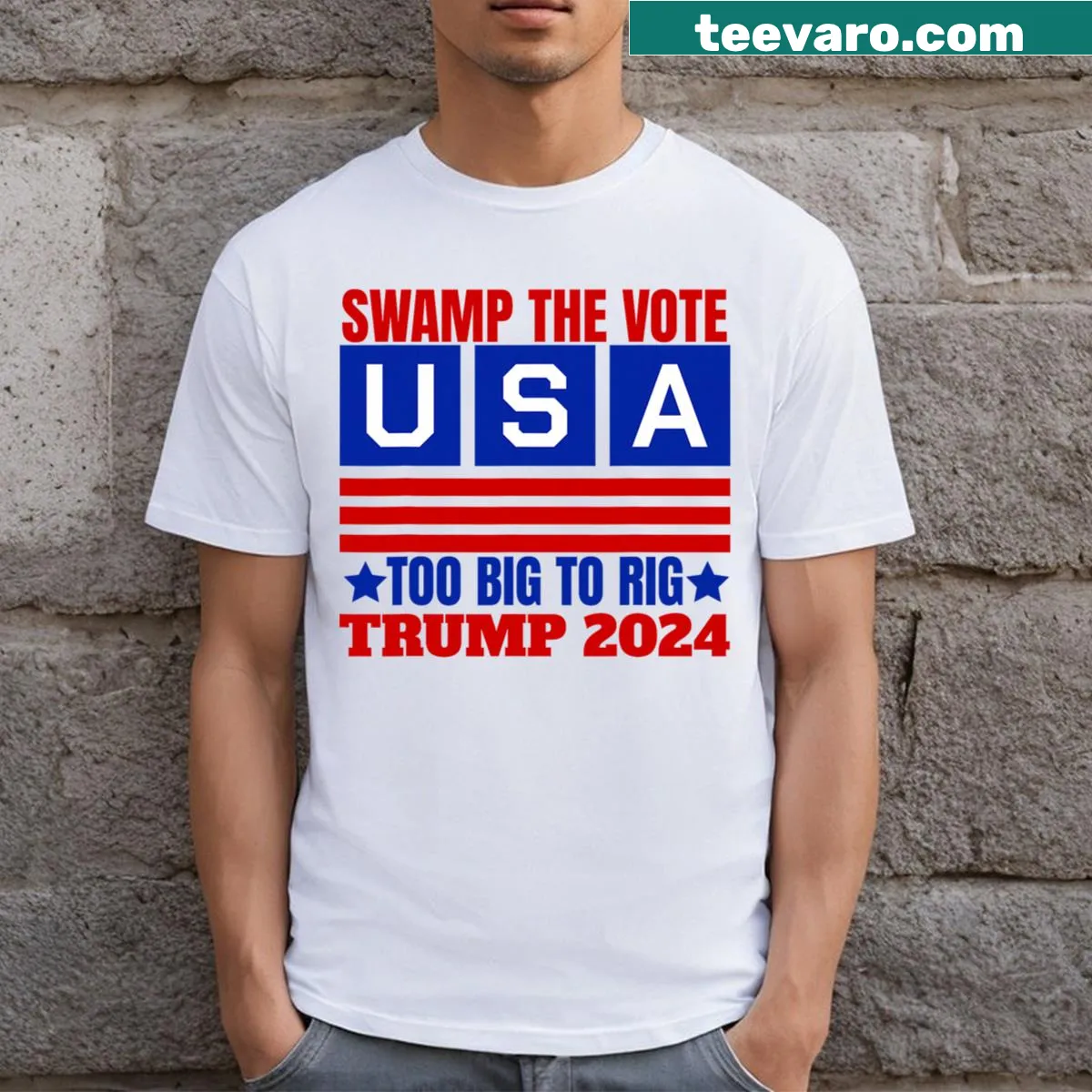 Empowering T-shirt with 'Swamp The Vote' and USA flag design — on a men's t-shirt